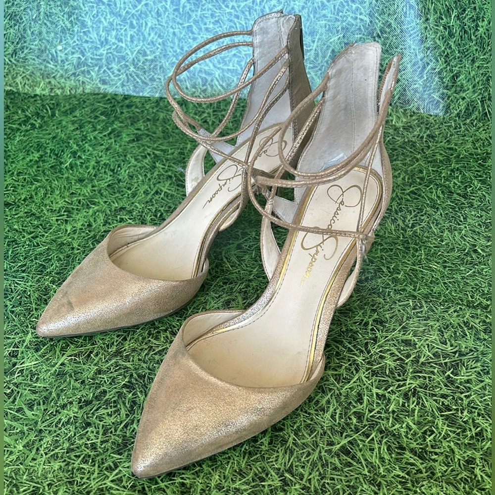 Jessica Simpson gold statement strap heels 7.5